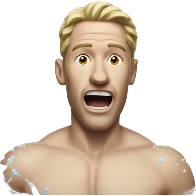 A white man runs with his mouth smeared with white water emoji