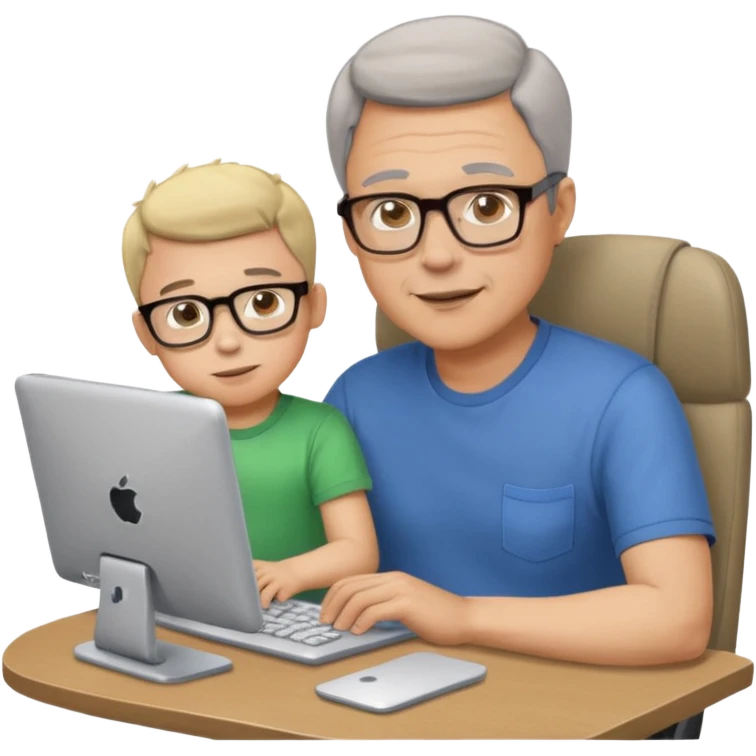 Middle aged man with glasses working at his desk, with his child sitting behind him on the headrest of his chair looking at his computer emoji