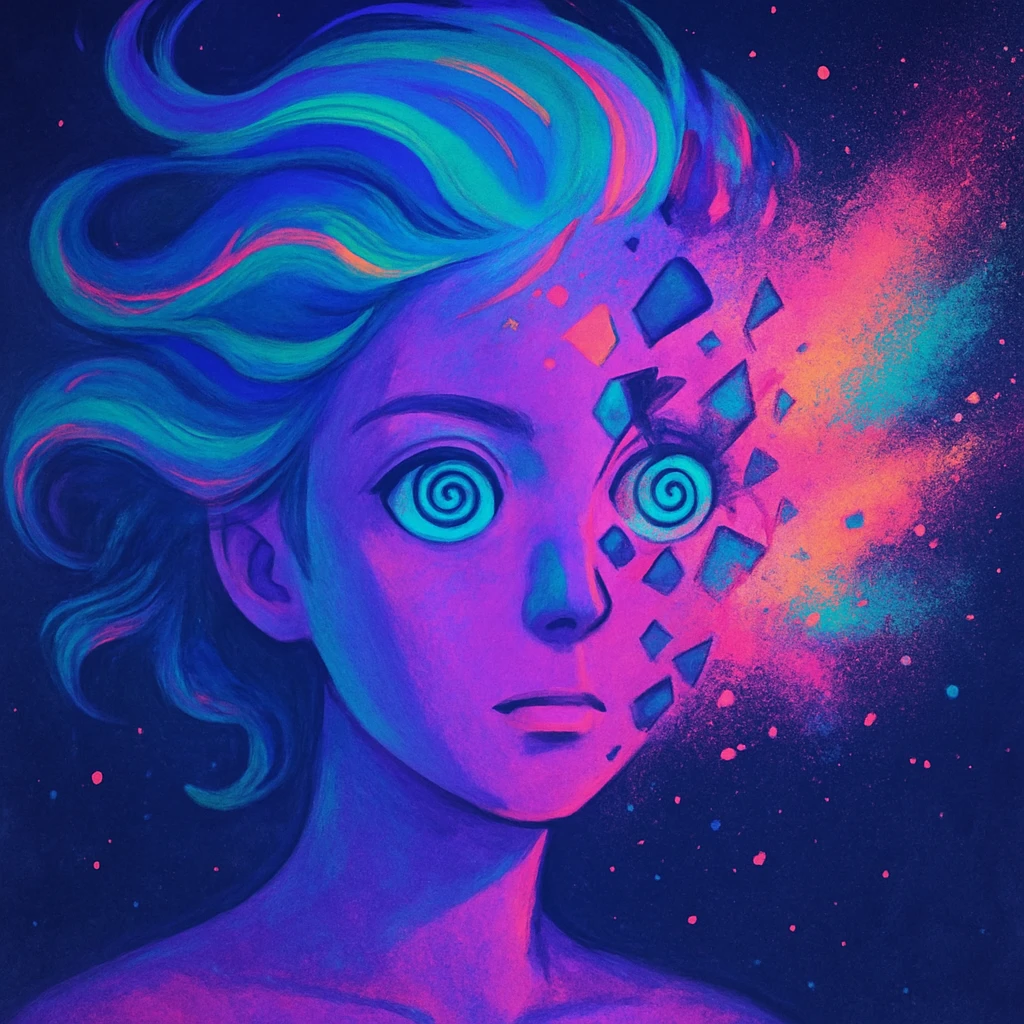 surreal portrait, neon skin, dissolving face with airbrush color explosion, hair as liquid color swirls like aurora, spiral eyes, geometric shapes breaking through face, paint spray effect, acid purple, turquoise, electric pink, smooth blending, dynamic movement emoji