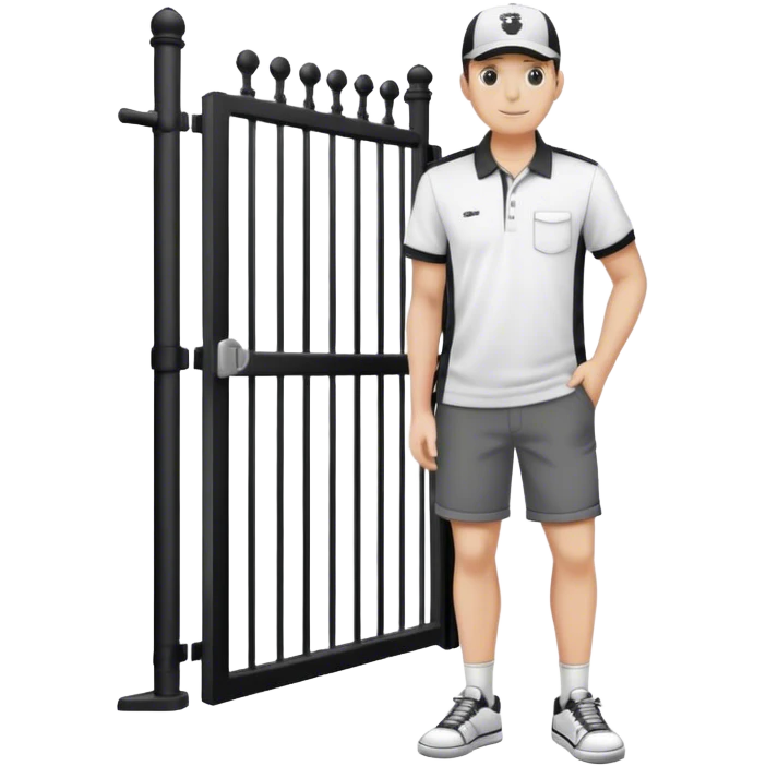 Pool attendant standing by a gate, wearing a cap, polo shirt, shorts, and sneakers, in a simple black and white outline style emoji