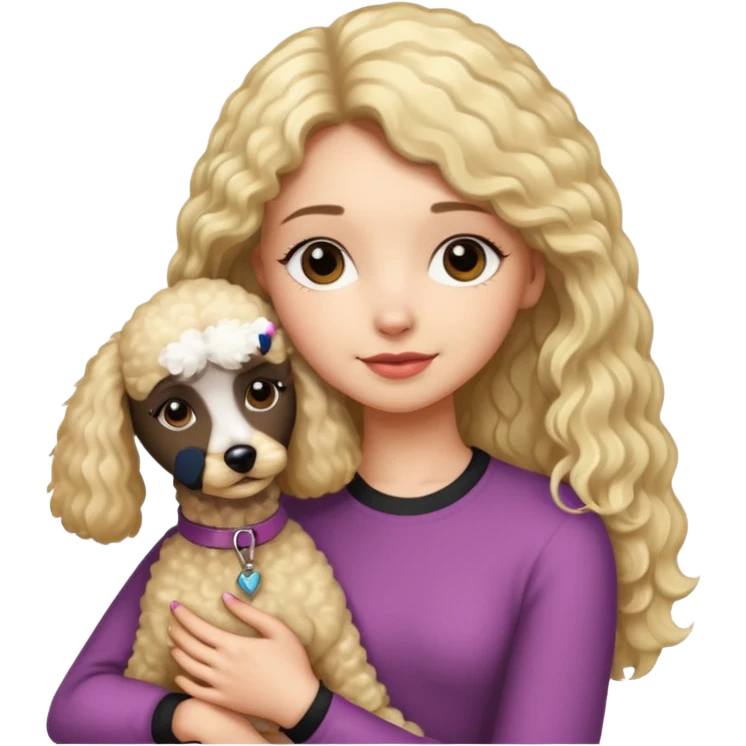 Ludo (ragazza mora capelli lisci lunghi) che abbraccia il suo cane leone (un barboncino biondo) emoji