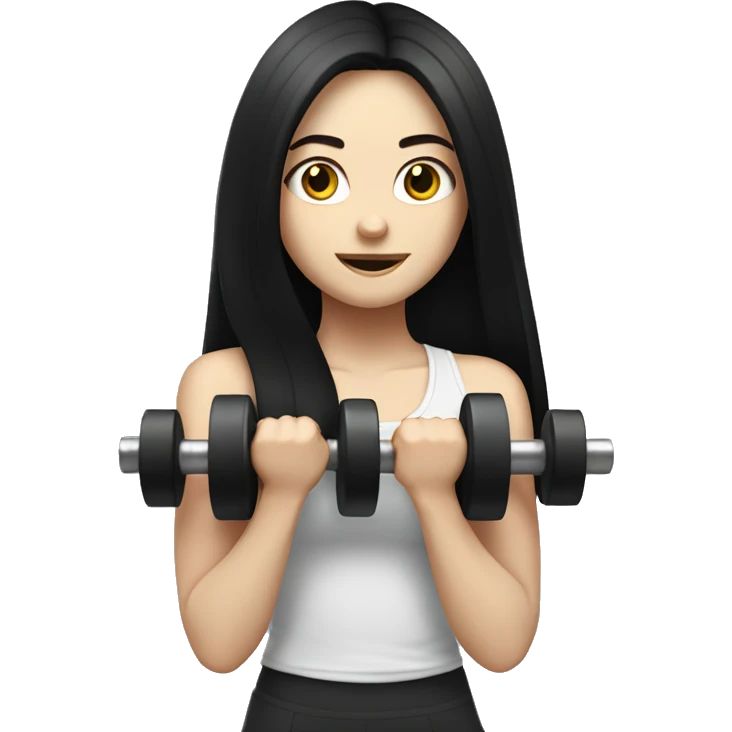 Pale girl with long black hair lifting weights emoji