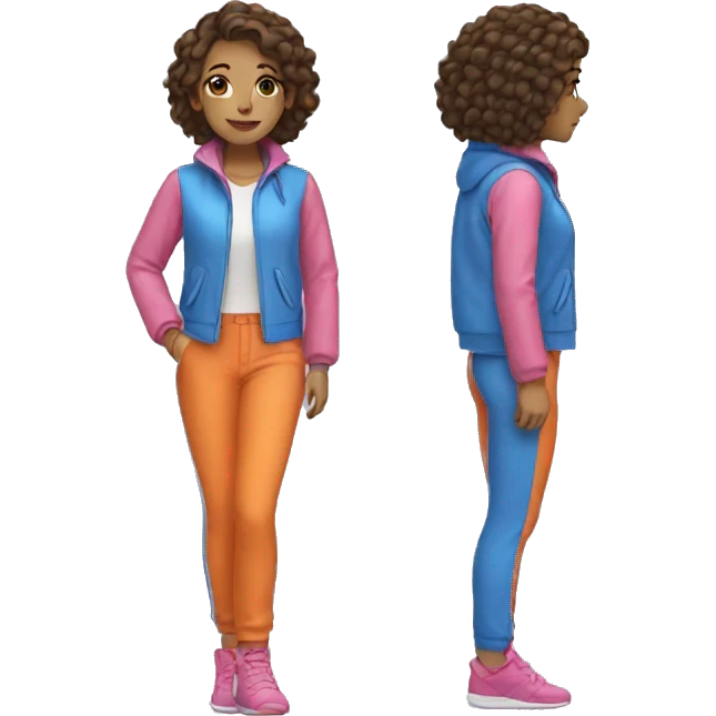 A girl wearing blue orange jacket with pink trousers emoji
