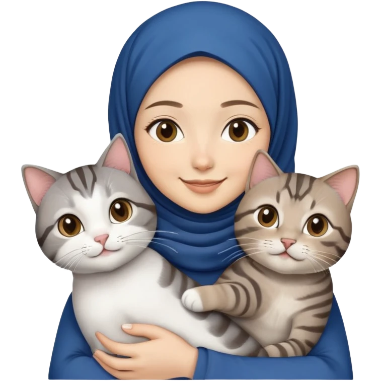 Asian white Girl wearing dark blue hijab with white shirt smiling while holding a black brown grey tabby cat emoji