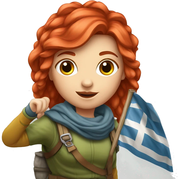 red hair female winter mountaineer offering red Easter eggs and Greek flag emoji
