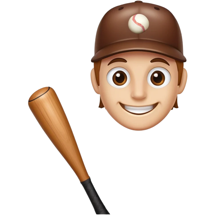 A wooden baseball bat with a friendly face including eyes, nose and smiling mouth emoji
