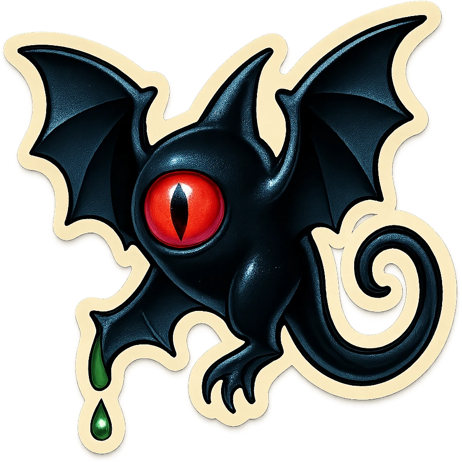 an all black reptilian bat-like creature. One cyclopian red eye in its face. no visible mouth or ears. has a long tale with a stinger that drips green poison emoji