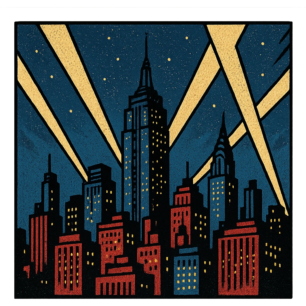 city skyline at night with spotlights, retro comic book illustration emoji