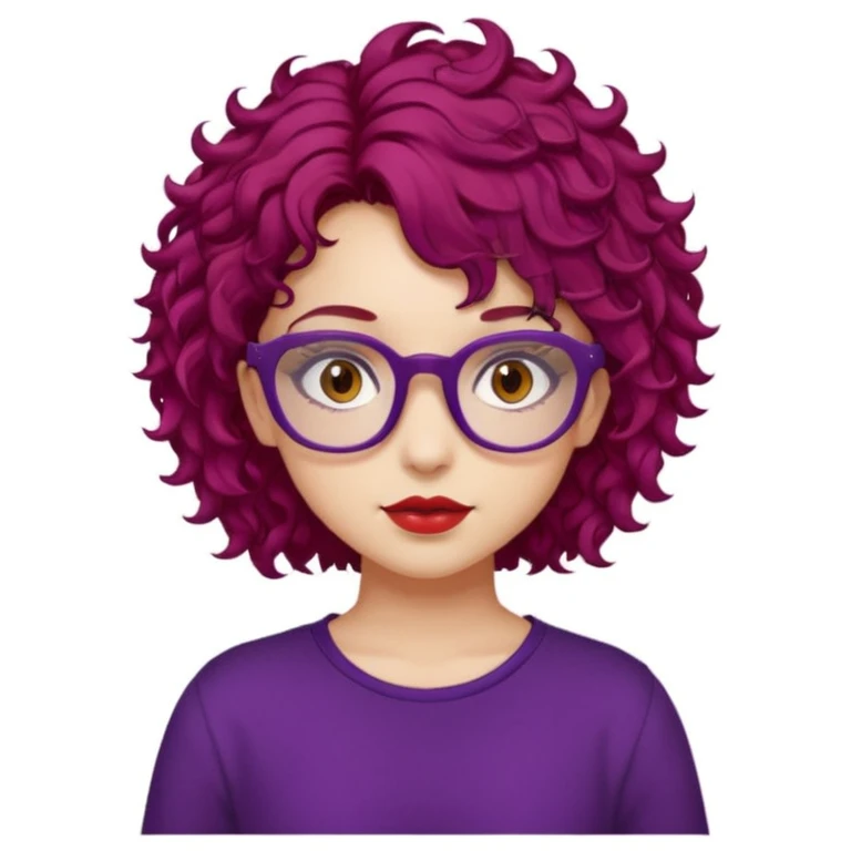 girl, almond brown eyes, red rectangle glasses, curly mid-short hair, deep purple hair, red top, casual-goth emoji