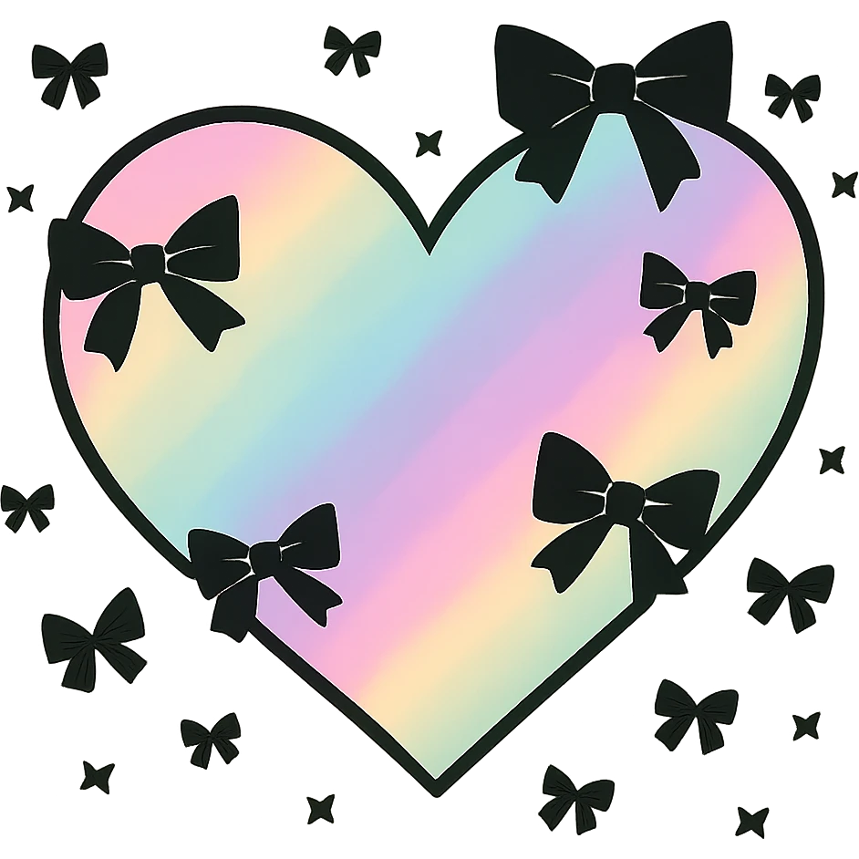 Remove the background, keep the pastel goth heart with pastel rainbows and black bows, transparent background. emoji