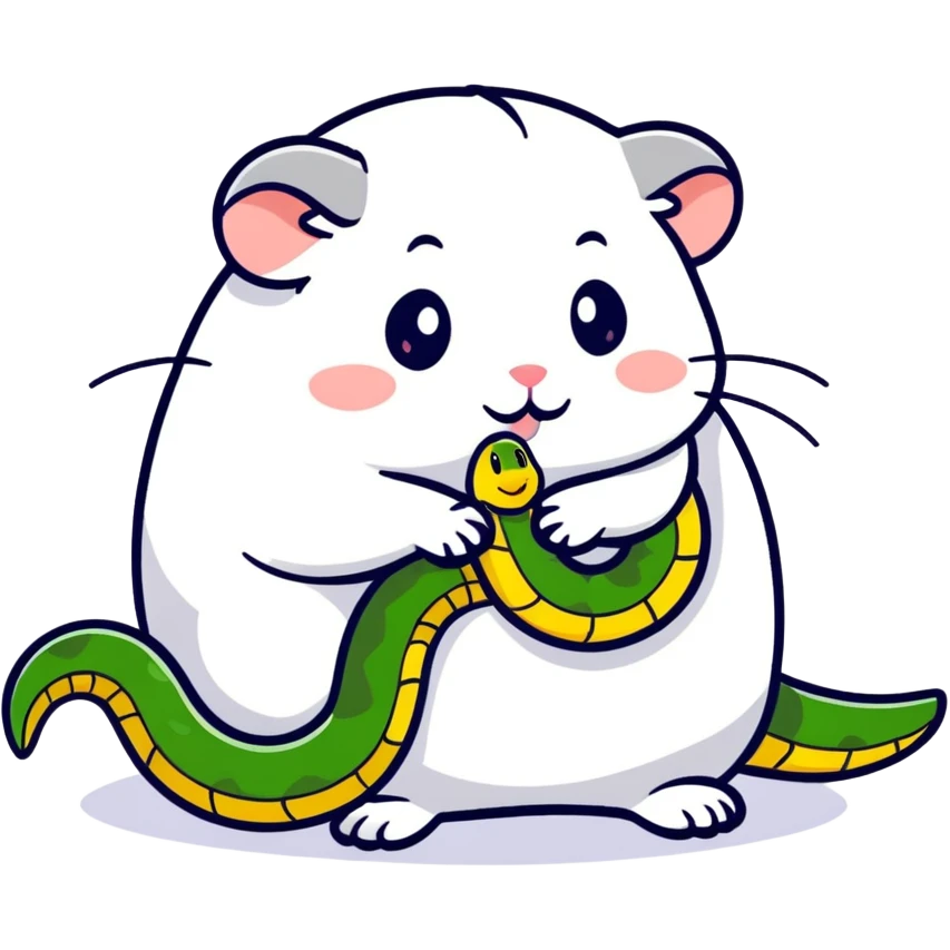 hamster kissing a snake, cartoonish sticker style emoji