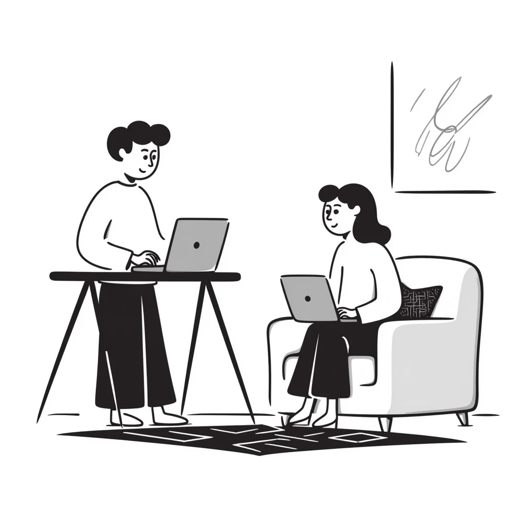 escenary 3d of a cozy mid-century living room with two people working on laptops, one man standing at a desk and one woman sitting on a couch, two walls and floor visible emoji
