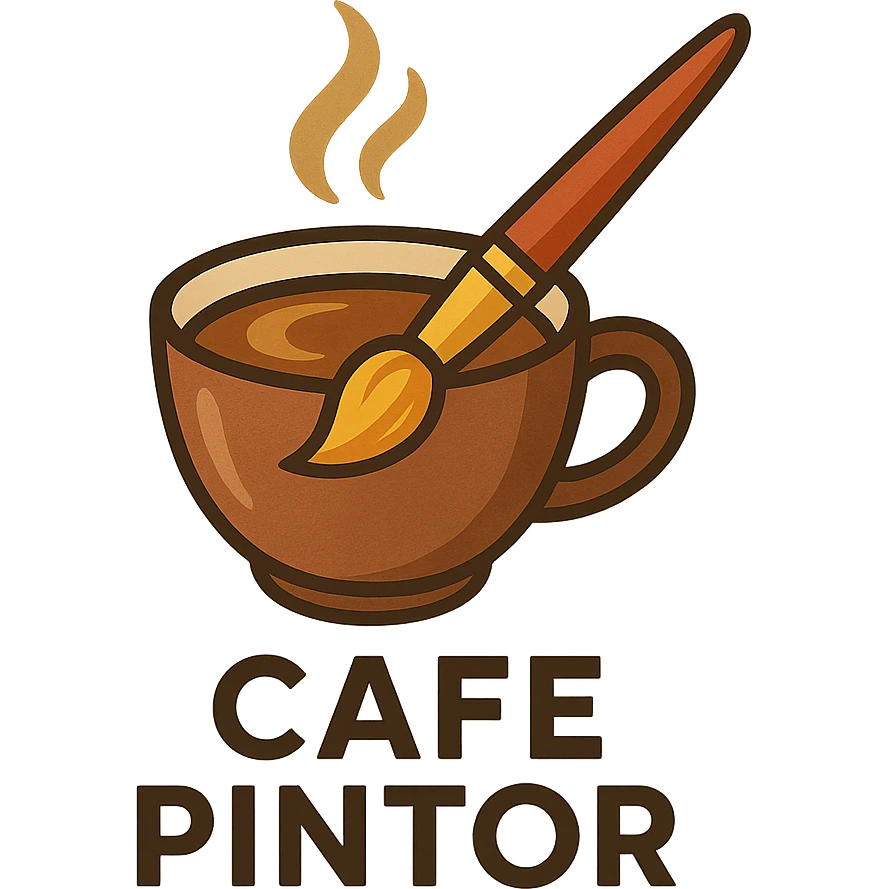 logo for 'CAFE PINTOR' featuring a coffee cup and a paintbrush, warm inviting colors, modern style emoji