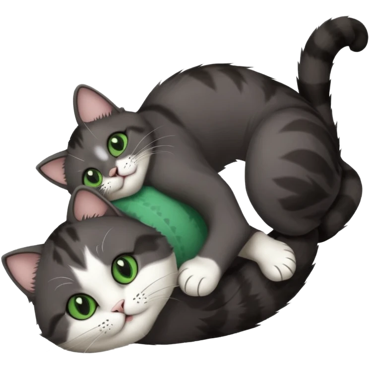 dark grey cat with green eyes, white toes/paws and white patch on her chest playfully rolling upside down emoji