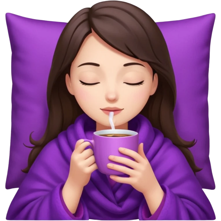 girl brunette inside a violet blanket sipping coffee from pink mug eyes closed emoji