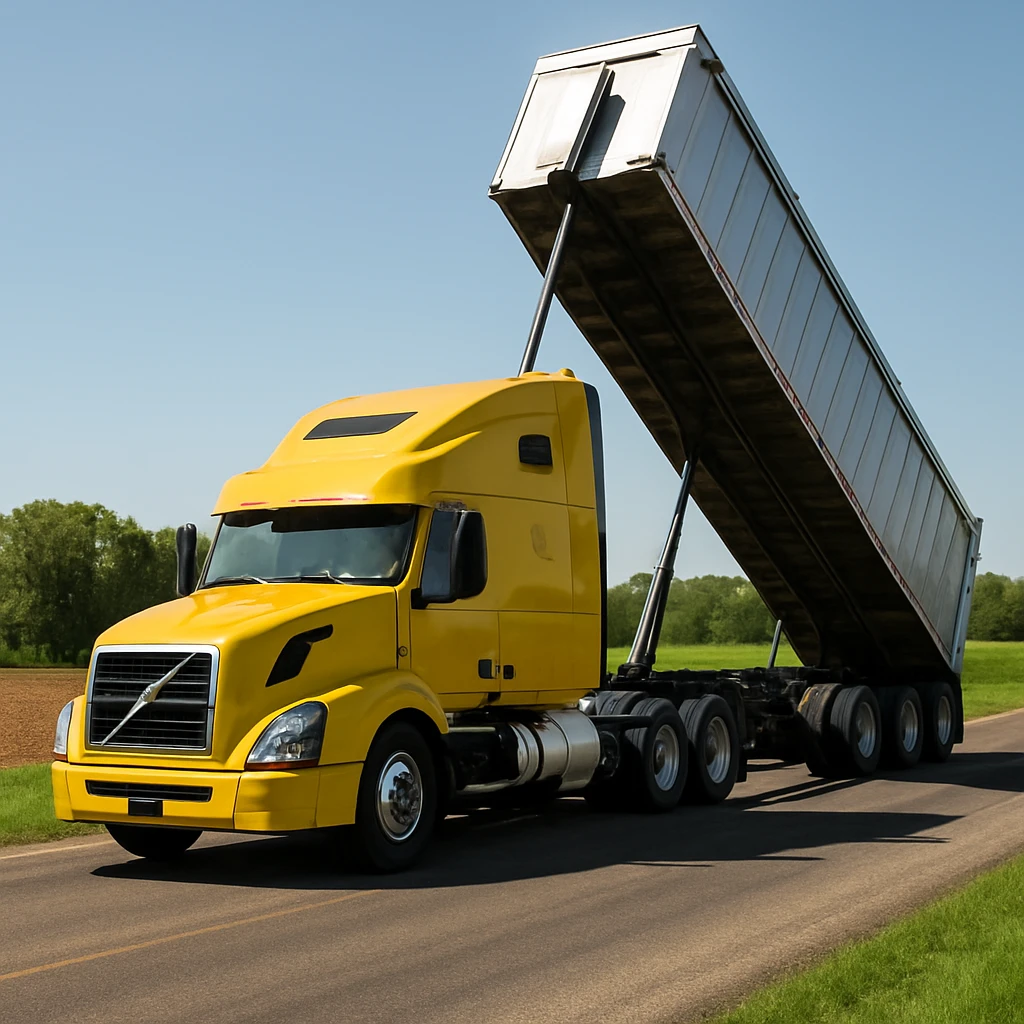 highly photorealistic Volvo yellow semi sleeper truck with a long silver end dump trailer in the raised dump position, driving to the left down a rural country road with fields and trees, bright daytime lighting, clear sky emoji