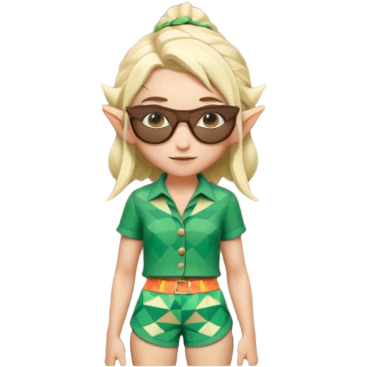 elf female legolas portrait, patterned board shorts (geometric/abstract), unique wooden-framed sunglasses, undercut hairstyle, slight smirk, visible pointy ears, no background, centered emoji, hipster summer vibe coctails emoji