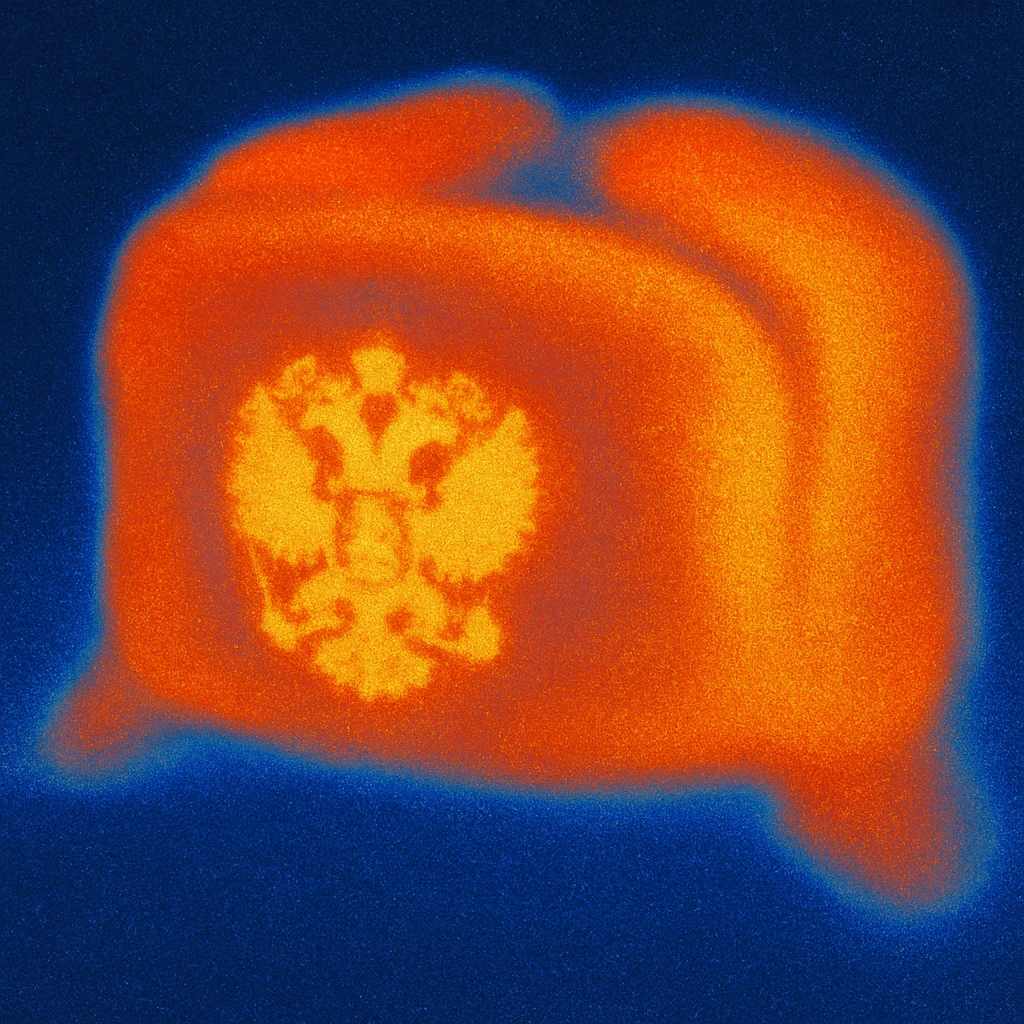 Russian hat ushank with the coat of arms of Russia, with background, thermal camera style emoji