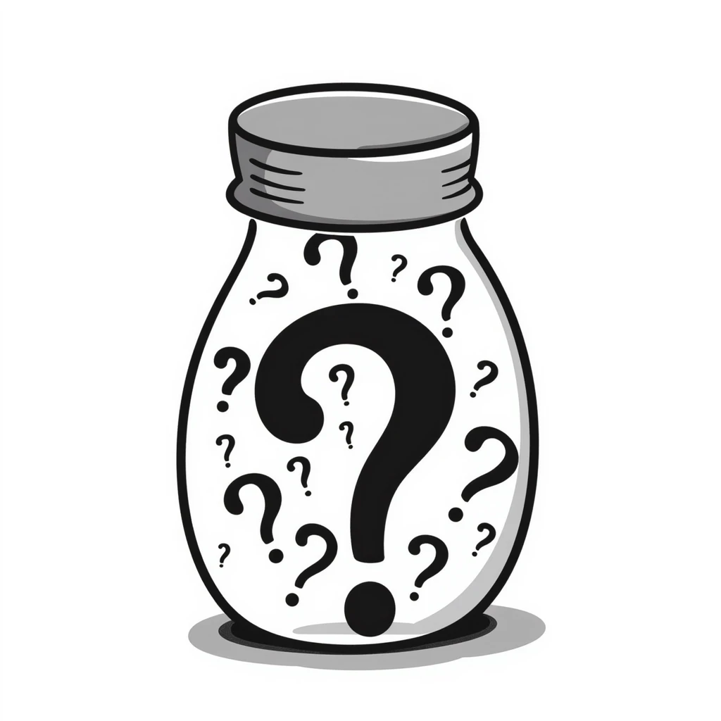 glass jar filled with question marks, hand-drawn doodle style emoji