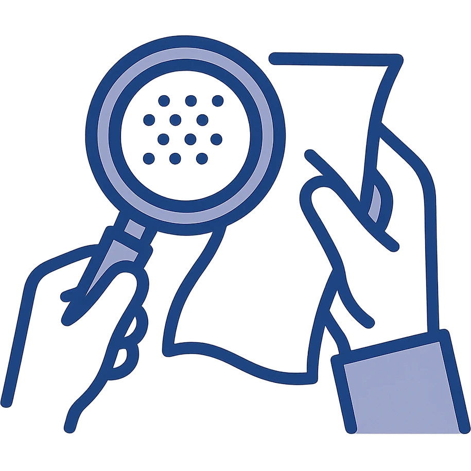 a hand and magnifying glass closely inspecting cloth, simple flat illustration style emoji
