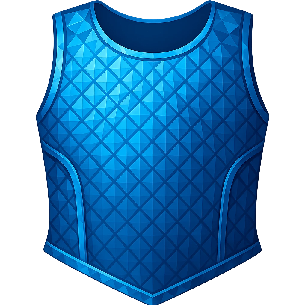 Remove the shoulders and make the diamond platebody match the shape and style of the referenced bronze chainbody: sleeveless, no shoulder pads, blue crystalline texture, in emoji style with transparent background. emoji