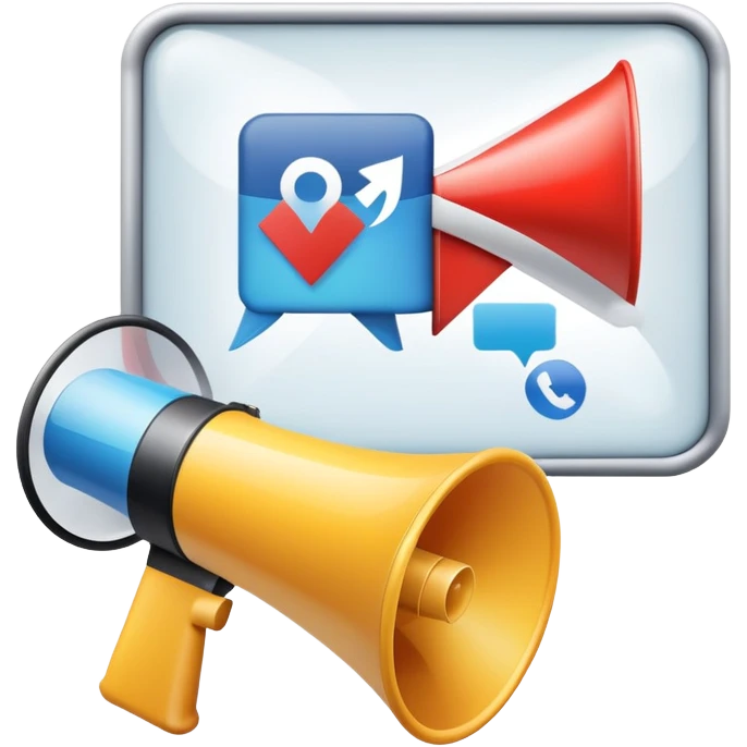 An icon featuring a megaphone, a billboard, and social media icons, symbolizing advertising and public relations. The design includes a press release and a rising graph, representing brand promotion and communication strategies. Transparent background highlights media influence and outreach. emoji