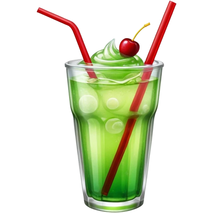 Create an emoji with a clear rounded glass, bright transparent green soda with fine bubbles, a smooth vanilla scoop on top, a glossy red cherry, and a red straw, using vibrant colors, soft shading, and clear glass highlights.
 emoji