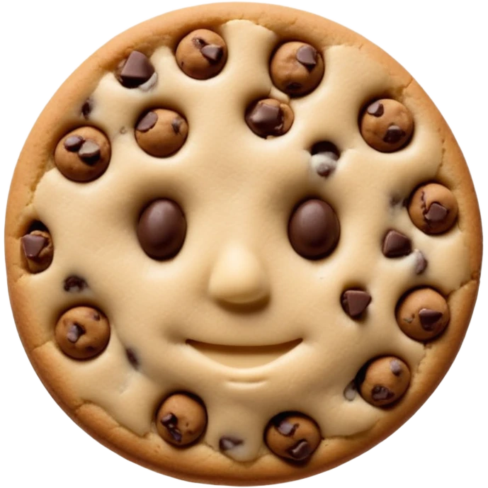 {
    "type": "object",
    "look": "chocolate chip cookie man, round chips, baked surface, front view",
    "description": "a cookie man made of chocolate chip dough, with visible chips and soft edges"
  } emoji
