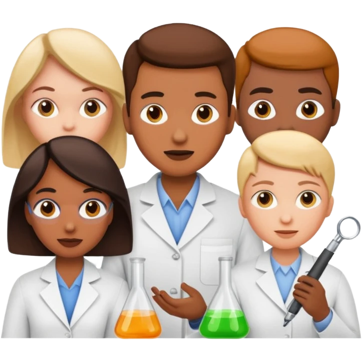 diverse research and development team brainstorming with scientific tools emoji