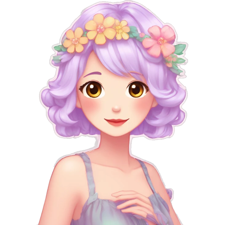 Gorgeous Shiny Colorful Pastel Anime Mature Lady with blushing face and pretty hair with a flower crown pastelcore kawaii cottagecore fairycore aesthetic trending style emoji