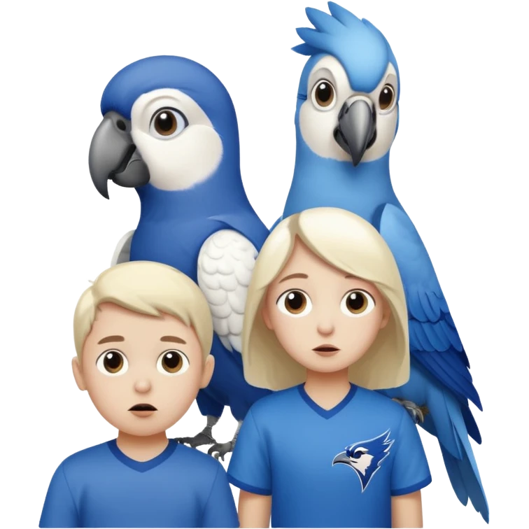 two children, one tall girl and one little boy and a white parrot watching blue jays game, with look of horror on their face emoji