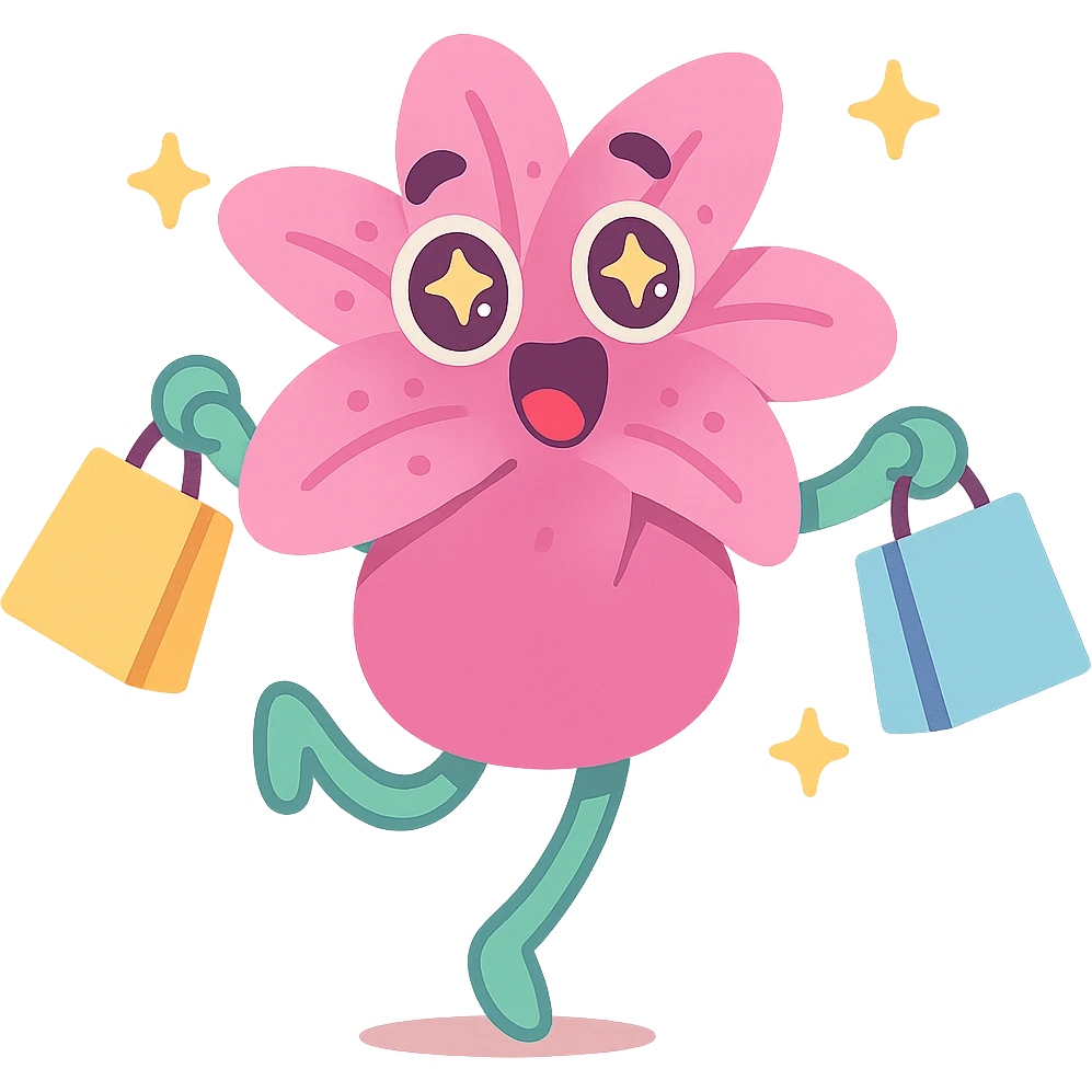 pastel magenta lily flower with sparkling eyes and open mouth, jumping with joy while holding shopping bags, round and bouncy, pastel-toon style emoji
