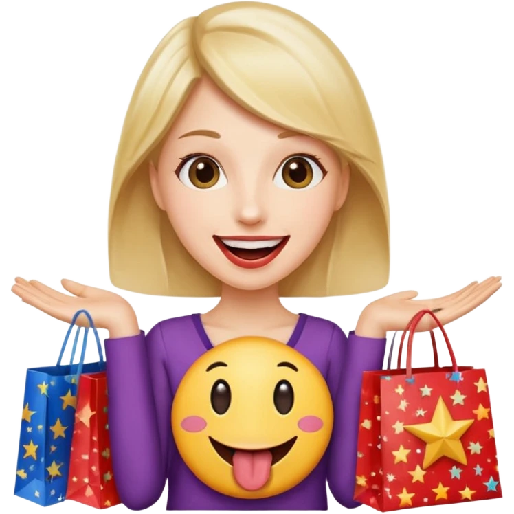 Happy with tounge sticking out and shopping bags with stars emoji