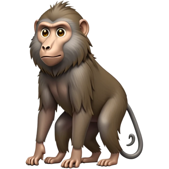 cinematic-hairy top half baboon-full-body-standing on all fours-emoji,-head-tilted-dramatically,-thick-grey-and-brown-fur,-simplified-yet-realistic-focused-features,-highly-detailed,-glowing-with-an-almost-sarcastic-glow expressive eyes, hairy mane emoji