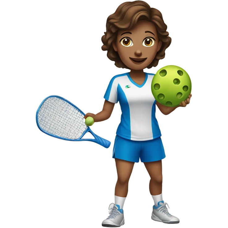 Woman with brown hair and blue eyes playing pickleball emoji