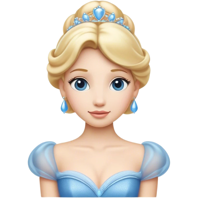 Cinematic Elegant Cinderella Portrait Emoji, rendered in a beautifully detailed, vector-style with minimal shading and bold, simplified shapes. Depict Cinderella in her classic ball gown (chest and above) with fair, porcelain skin and elegantly styled blonde hair, her eyes soft and kind, and her expression serene and graceful. The design glows with a gentle, enchanting radiance and high shine, capturing the timeless beauty of a fairy tale princess. emoji