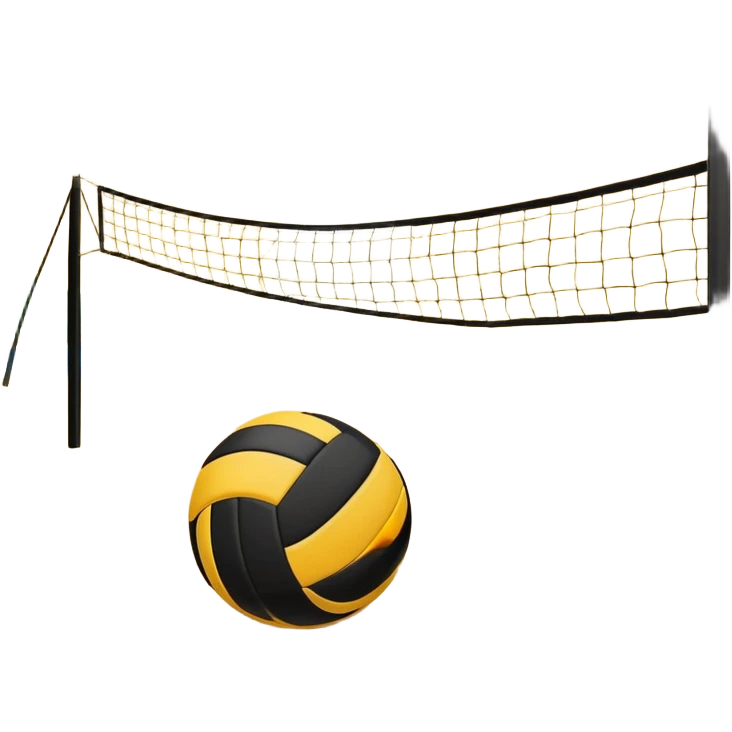 The scene captures the relaxed yet competitive vibe of beach volleyball, with warm sunlight and the natural beauty of the beach. A volleyball resting on the yellow sand on a beach, with the net in the background and a scenic view of the ocean and sky.  emoji
