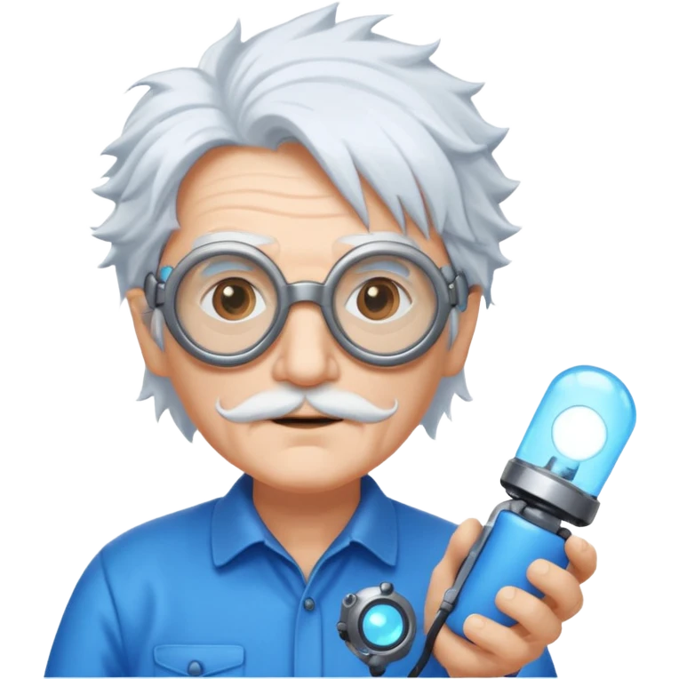 A quirky old inventor with wild white hair, goggles, and a glowing gadget in hand.
 emoji