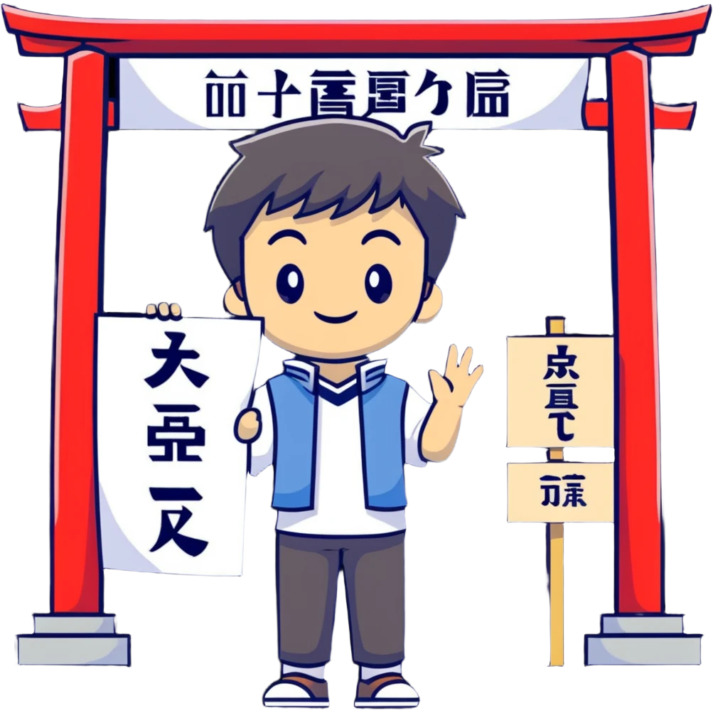 Japanese high school boy welcoming visitors with poster at cultural festival entrance emoji