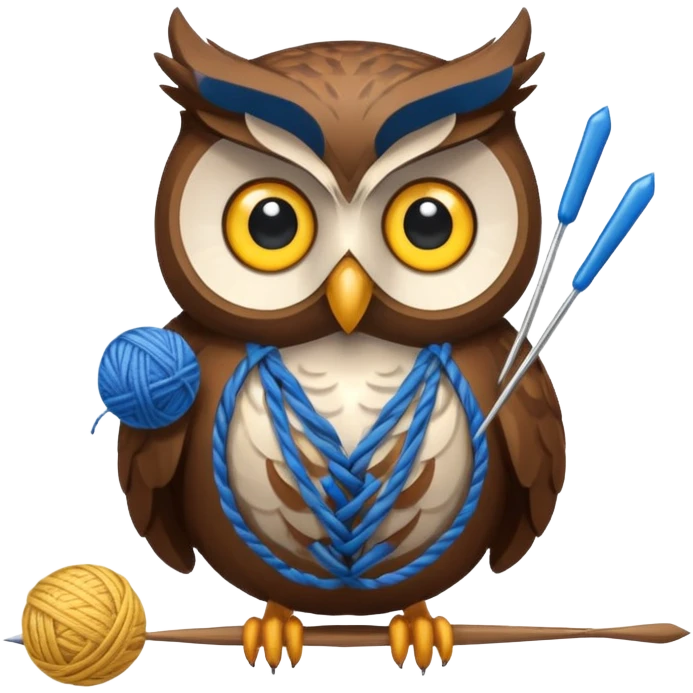 Owl holding blue yarn ball and knitting needles emoji