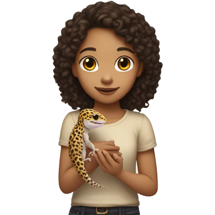 Pale girl with dark brown curly hair holding a leopard gecko emoji