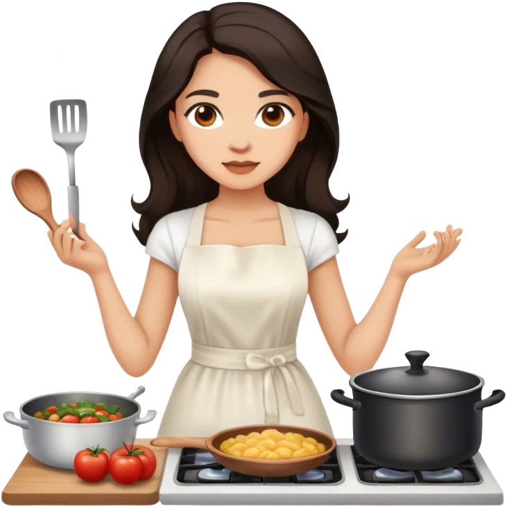 Beautiful woman in 1950’s woman fashion look, white dress, long dark brown hair, cooking emoji