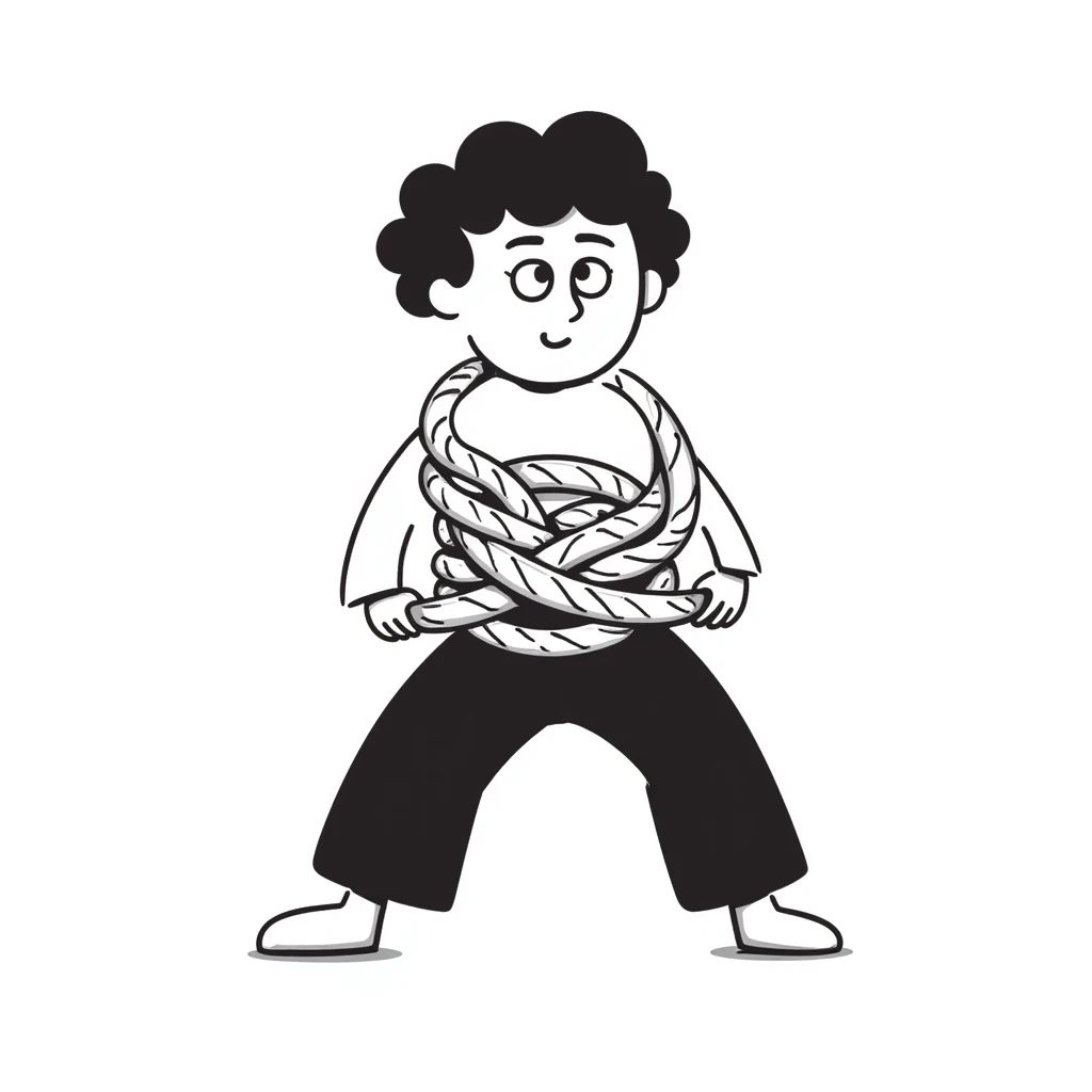 A person humorously tied up and tangled in rope with a silly expression, drawn in a lighthearted way emoji