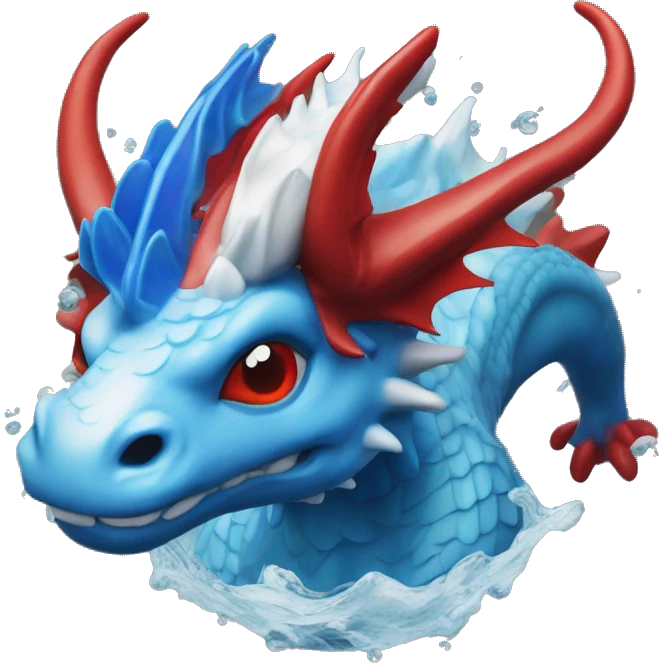 A blue dragon with red and white horns in a av filled with water  emoji