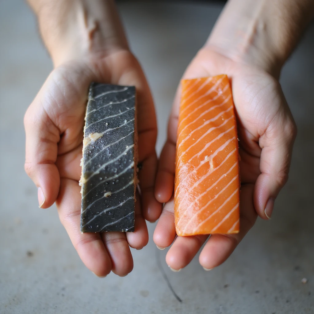two hands each holding a salmon fillet, one gray and one orange, with neutral background, photographic style, 4K resolution emoji