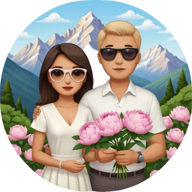 Couple traveling in Montenegro russian man and elegant  Latina girl delicate peonies and mountains in the background  emoji
