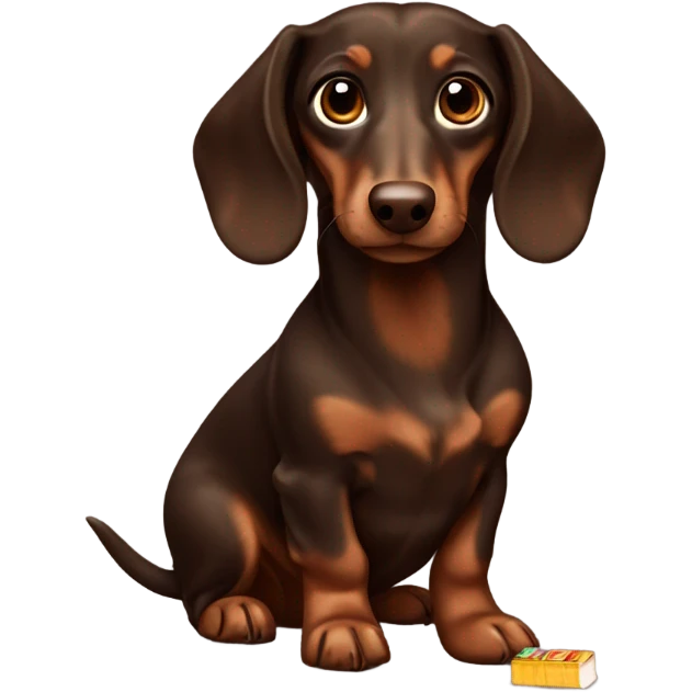 Dark Brown long haired dachs with light Brown eyes and Brown nose with a Choco bar emoji