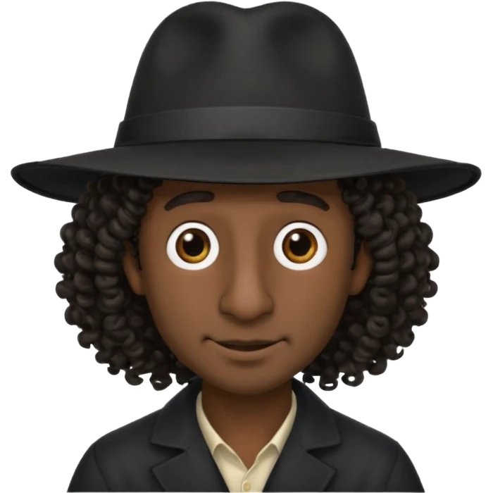 A man with a big nose and a black hat like a top hat but round and all black, with a strand of curly hair coming out from both sides of the hat, the strand of hair should be long  emoji