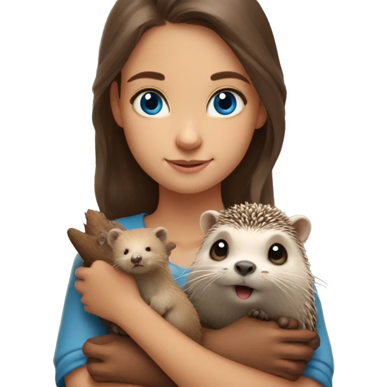 girl with blue eyes holds otter and hedgehog in her arms emoji