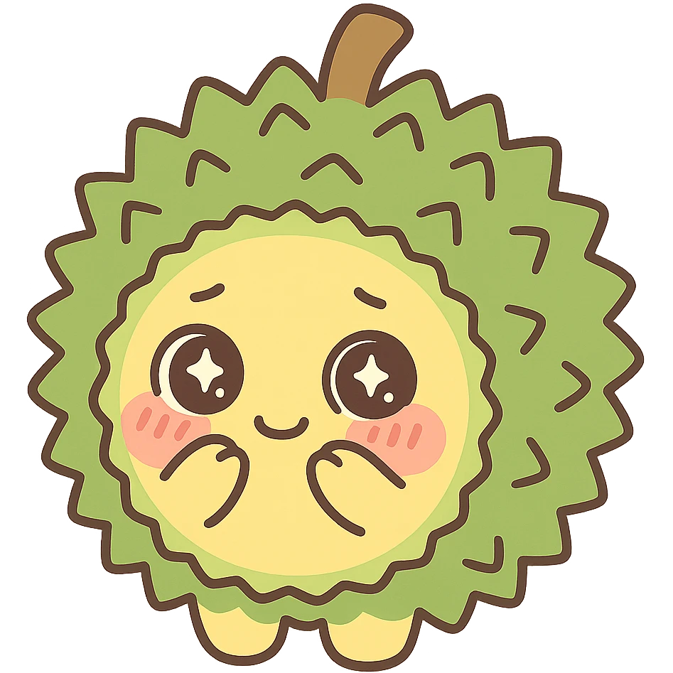chibi-style round durian character with green spiky shell and yellow flesh, blushing and shy with sparkly eyes, pastel tones emoji
